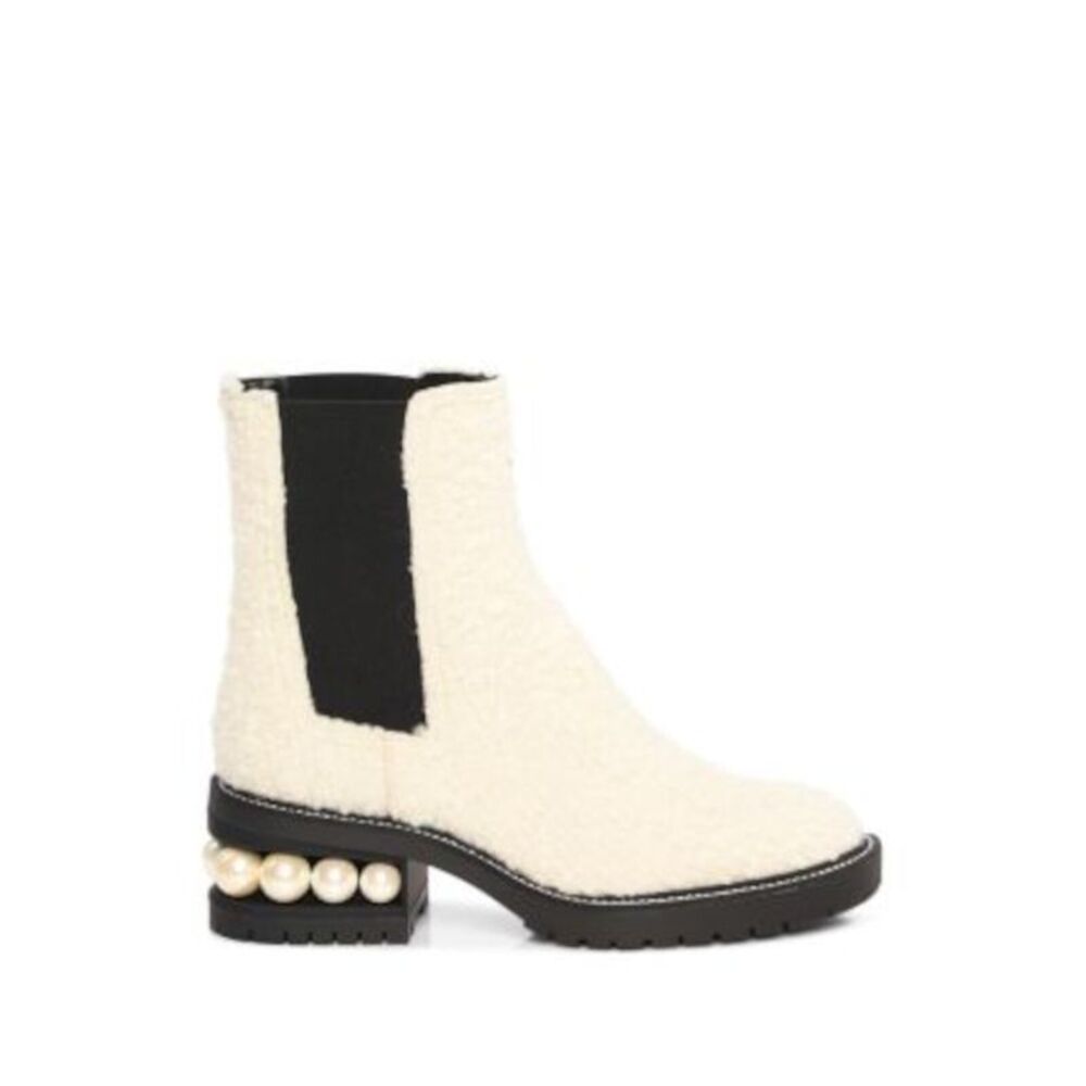 NICHOLAS KIRKWOOD Womens Beige Faux Wool Heel Faux Pearl Casati Chelsea 38.5